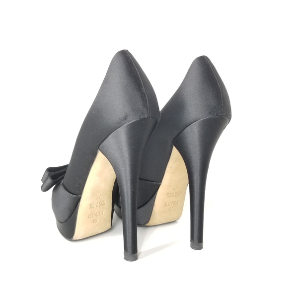 FENDI Peep Toe Heels in Black Satin with Bow Platform Stiletto Pumps EU 37 - Picture 15 of 16